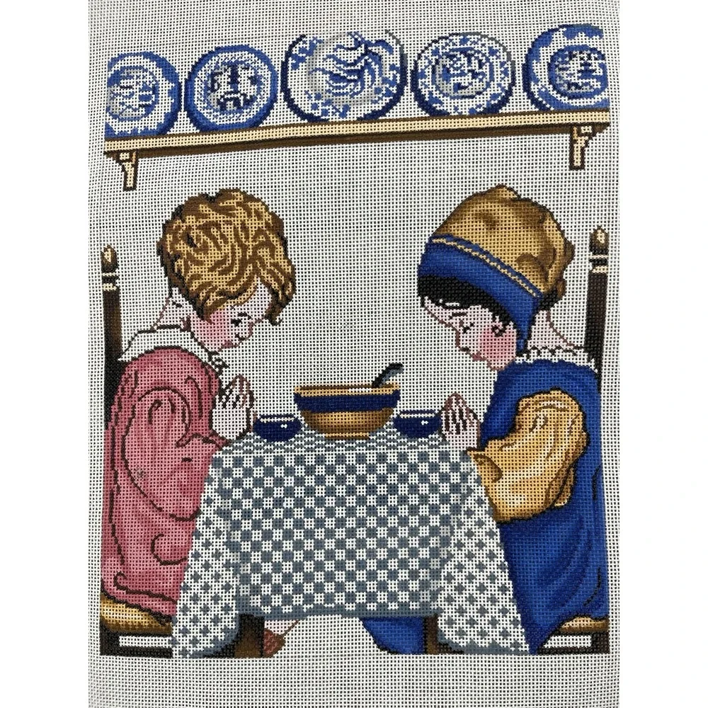LEE Hand Painted Needlepoint Canvas Give Thanks Dinner Time Praying Girls 18ct